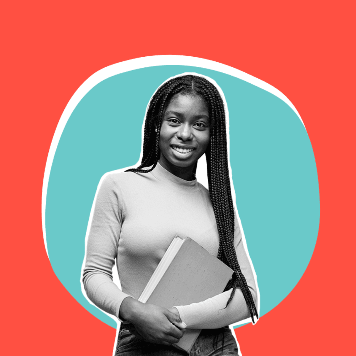 A Black woman stands holding a book and smiling confidently at the camera.