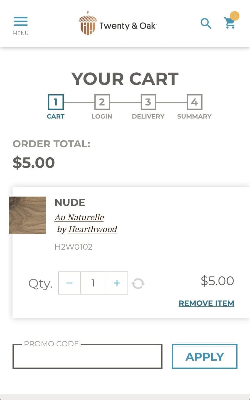 Twenty & Oak Mobile Sample Check-Out Page 
