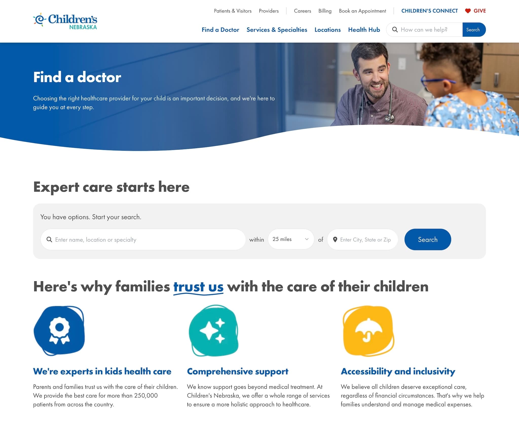 Children's Nebraska Find a Doc page