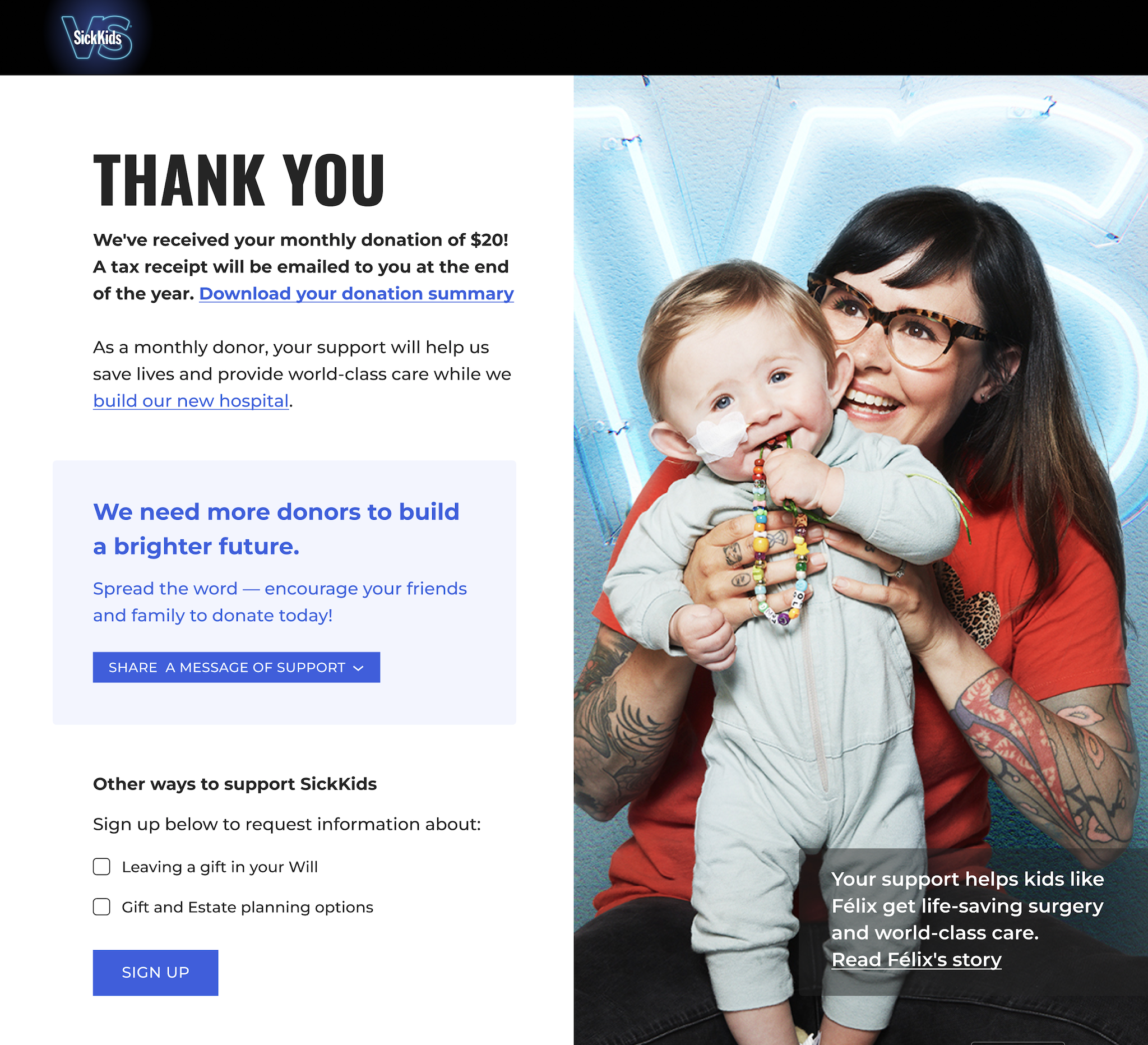 SickKids donation experience on desktop featuring Thank You page, enhanced by a picture of a mother and her baby.