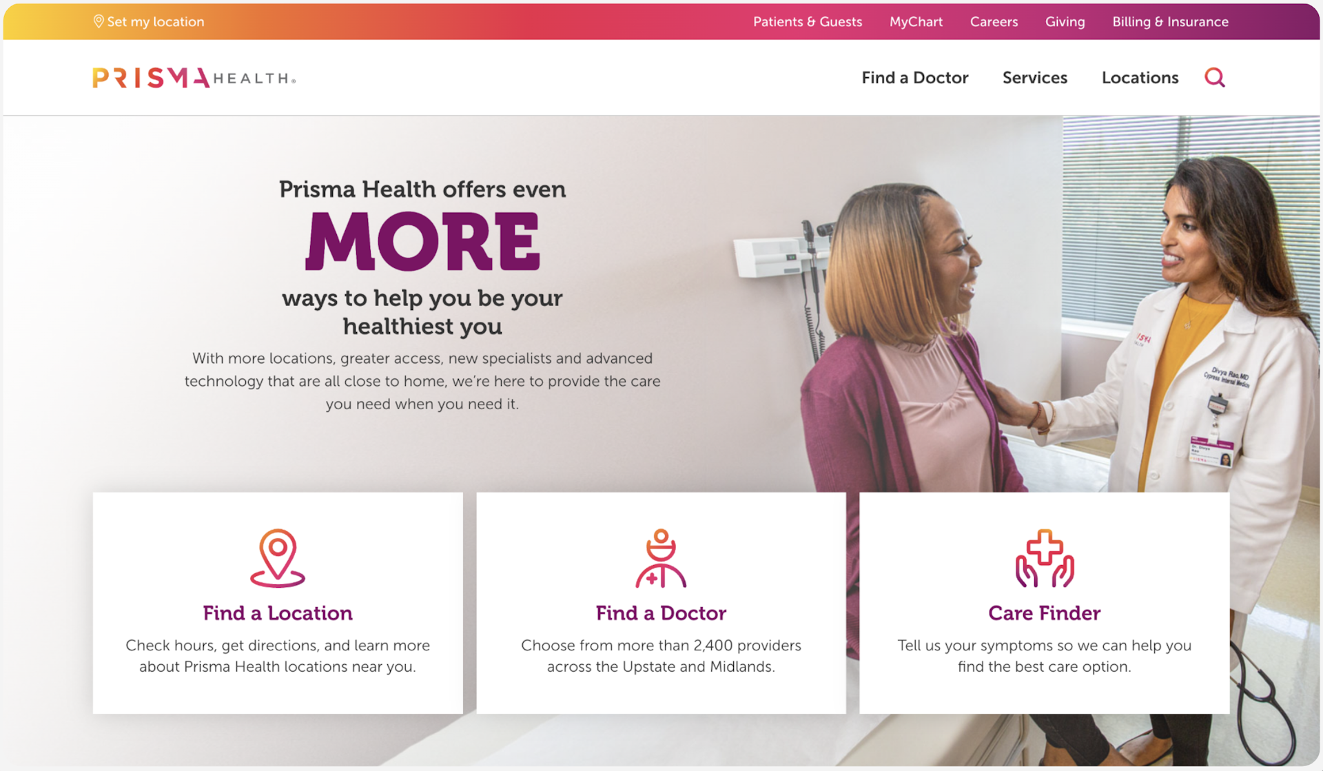 Prisma Health's homepage