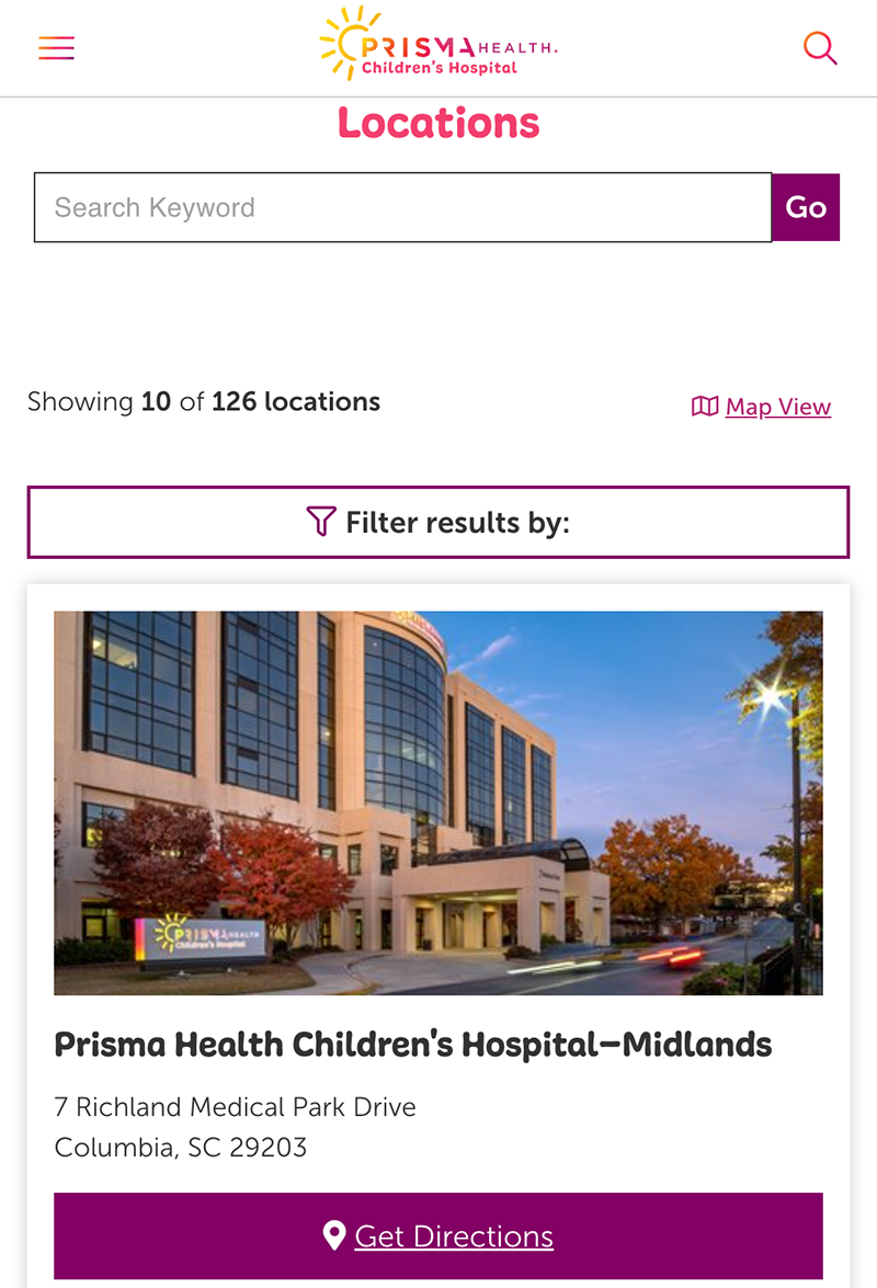 Prisma Children's location finder on mobile