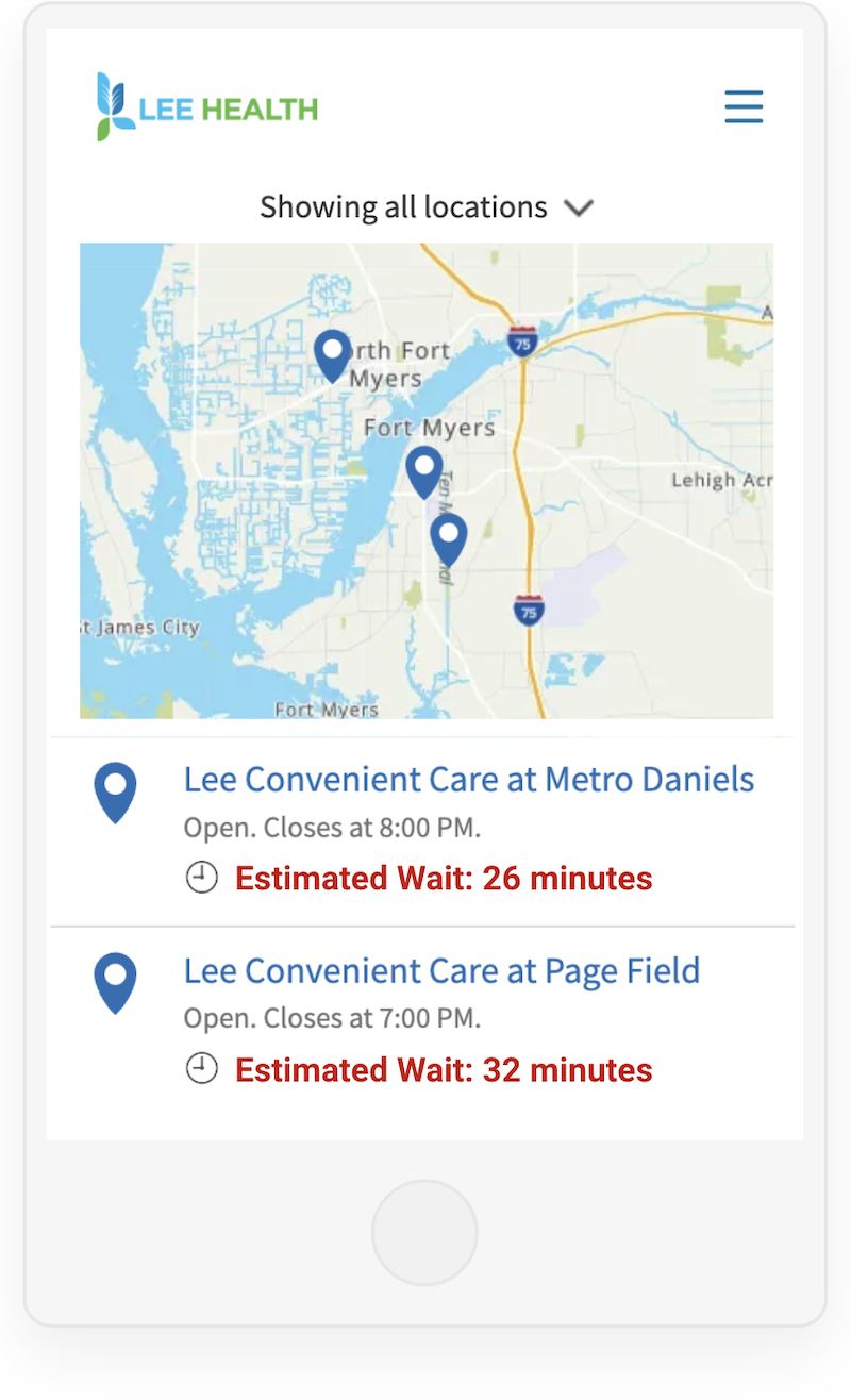 A mobile screen showing wait times for Lee Health