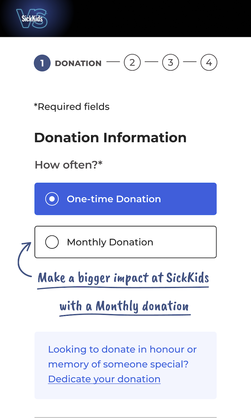 SickKids mobile donation experience, featuring a selection for a one-time or monthly donation.
