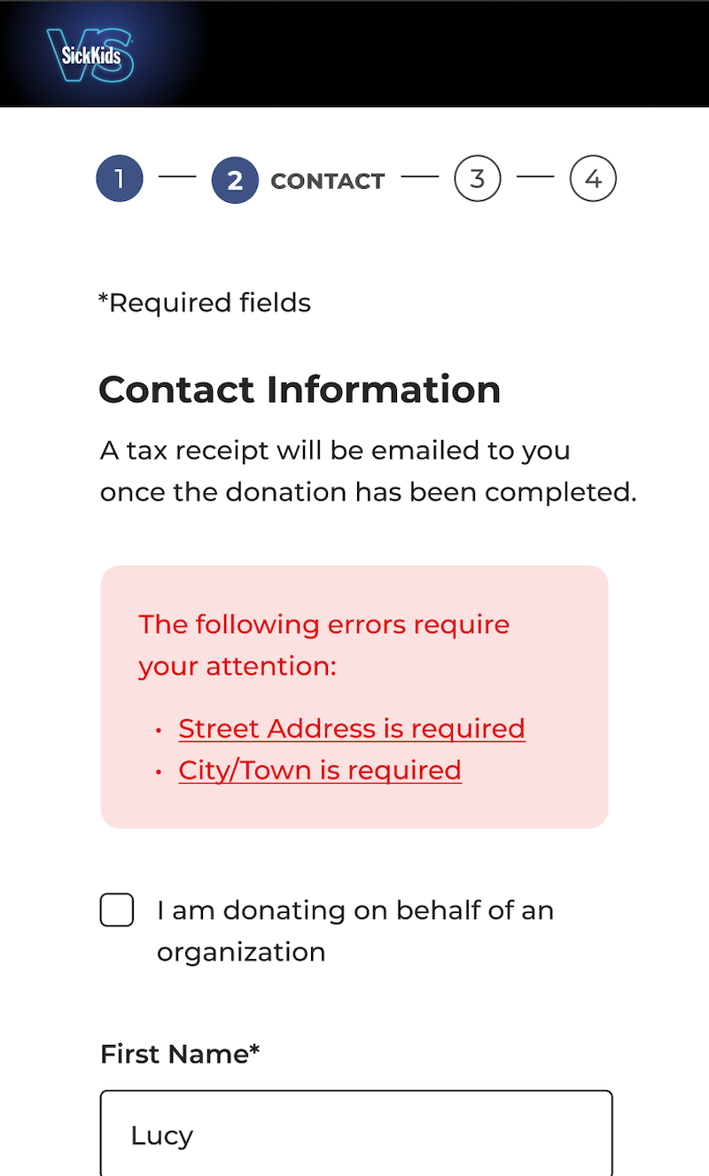 SickKids donation experience showing errors.