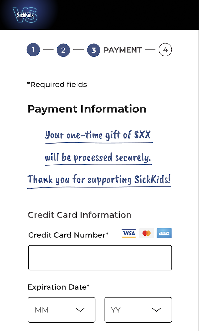 SickKids donation experience featuring payment information request.