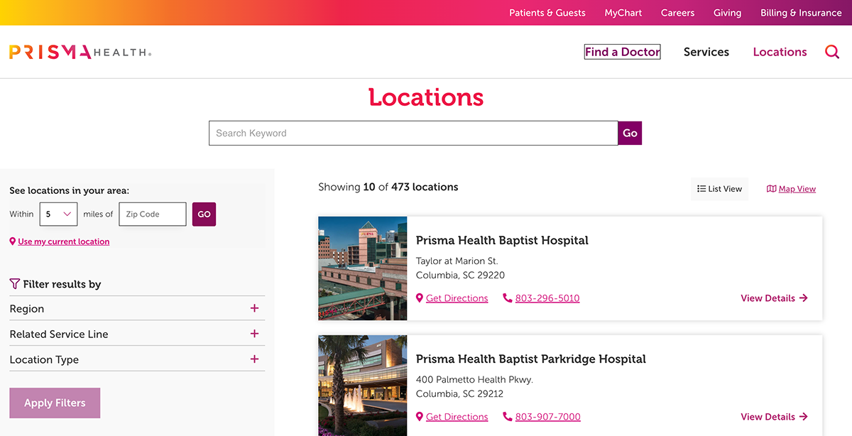 Screenshot of Prisma Health's Locations page, showing filtering options on the left side of the screen, with a listing of locations, including photo of the facility, get directions buttons and phone number links. 
