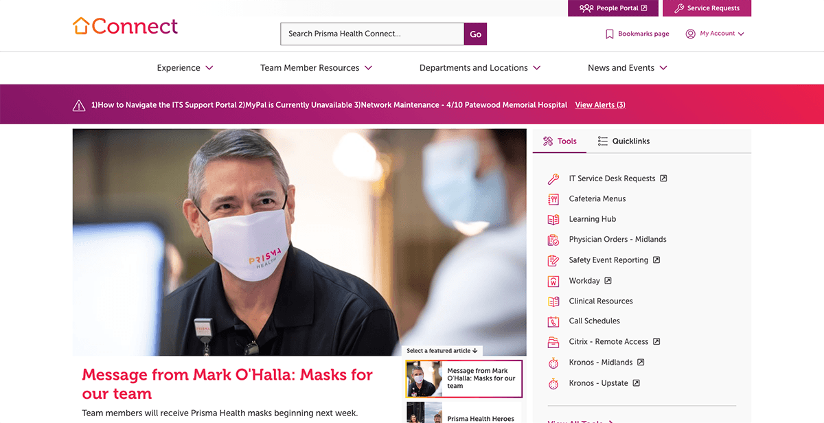 Screenshot of Prisma Health's new intranet, Connect.