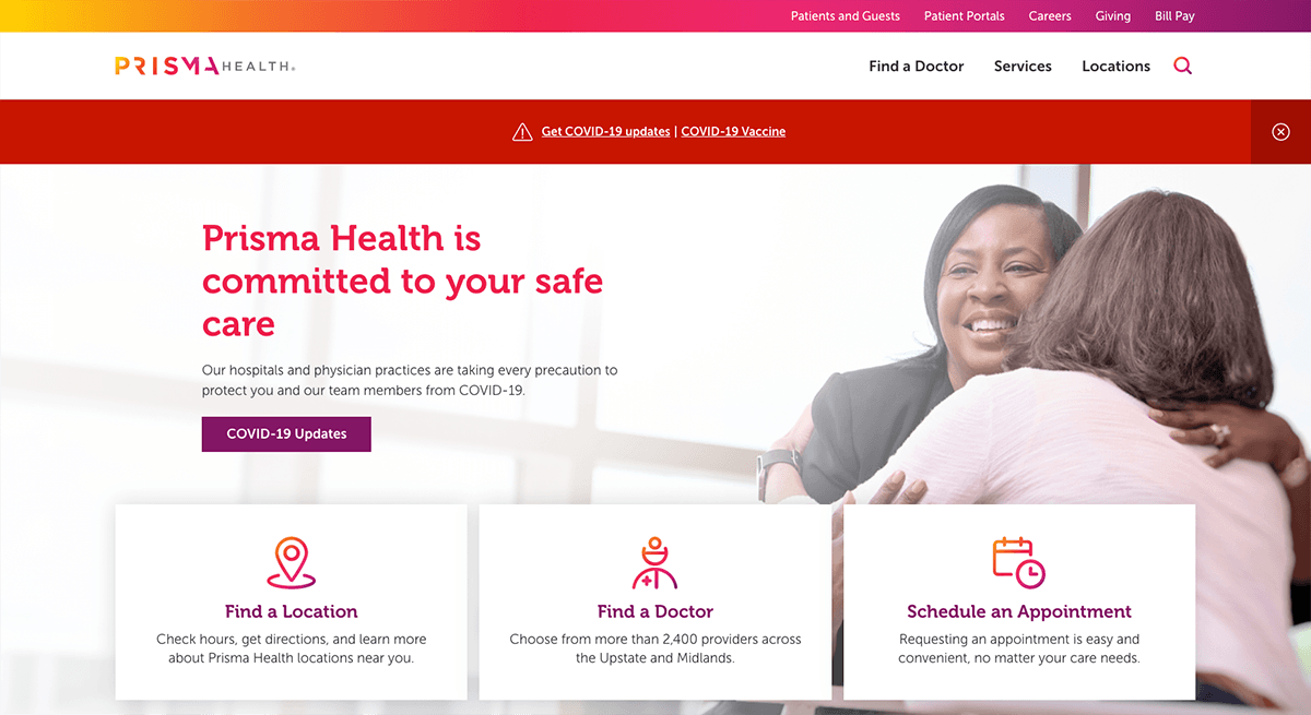 Screenshot of the Prisma Health homepage, showing key navigation including Find a Doctor, Find a Location, and Schedule an Appointment. 