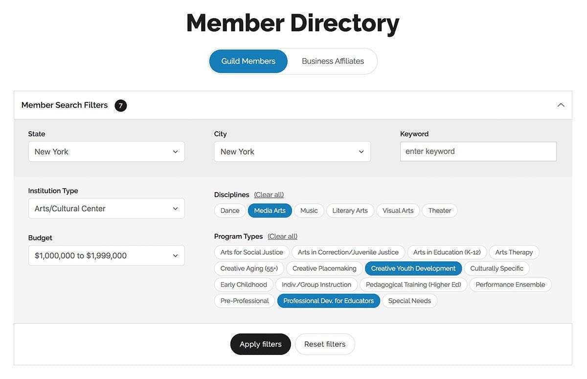 National Guild Desktop Member Directory Example Page