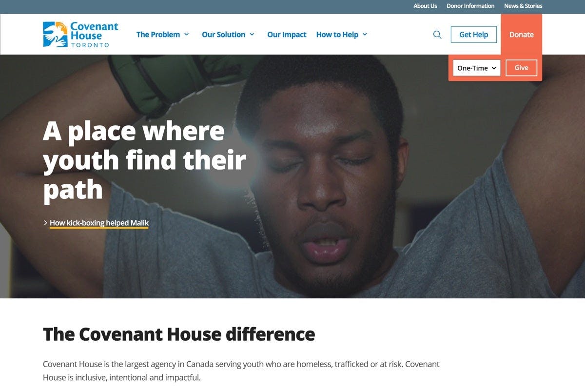 Covenant House Toronto Desktop Homepage With Donate Button Highlighted 