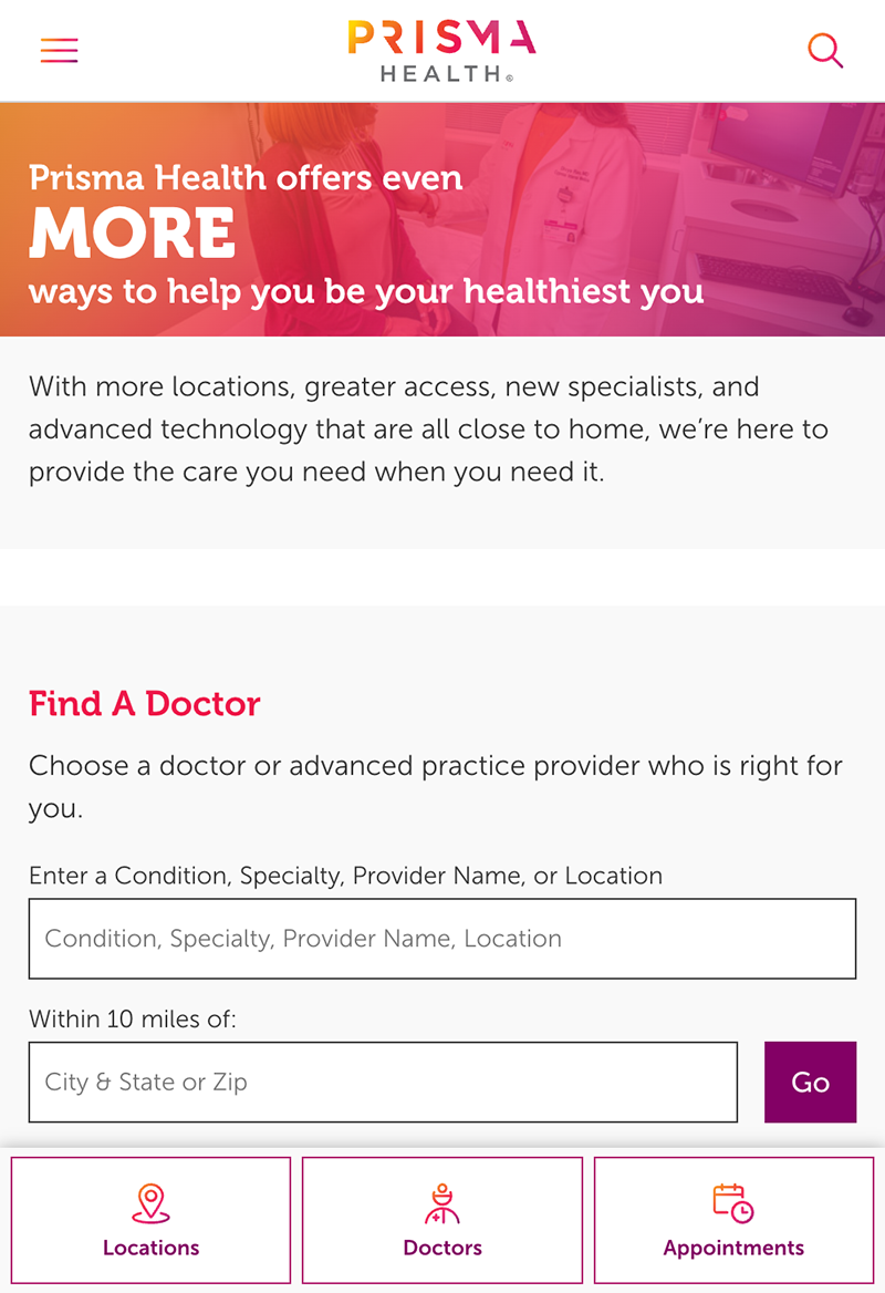 Screenshot of Prisma Health's mobile home page, showing the Find a Doc feature as well as buttons for locations, doctors, and appointments. 