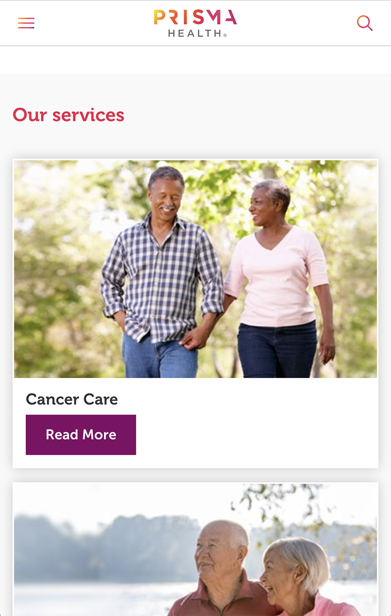 Screenshot of Prisma Health's mobile view of "Our Services" showing Cancer Care with a "Read More" button. 