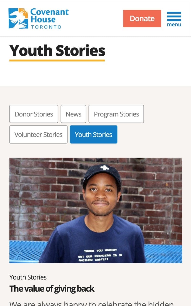Covenant House Toronto Youth Stories Section On Mobile Website 
