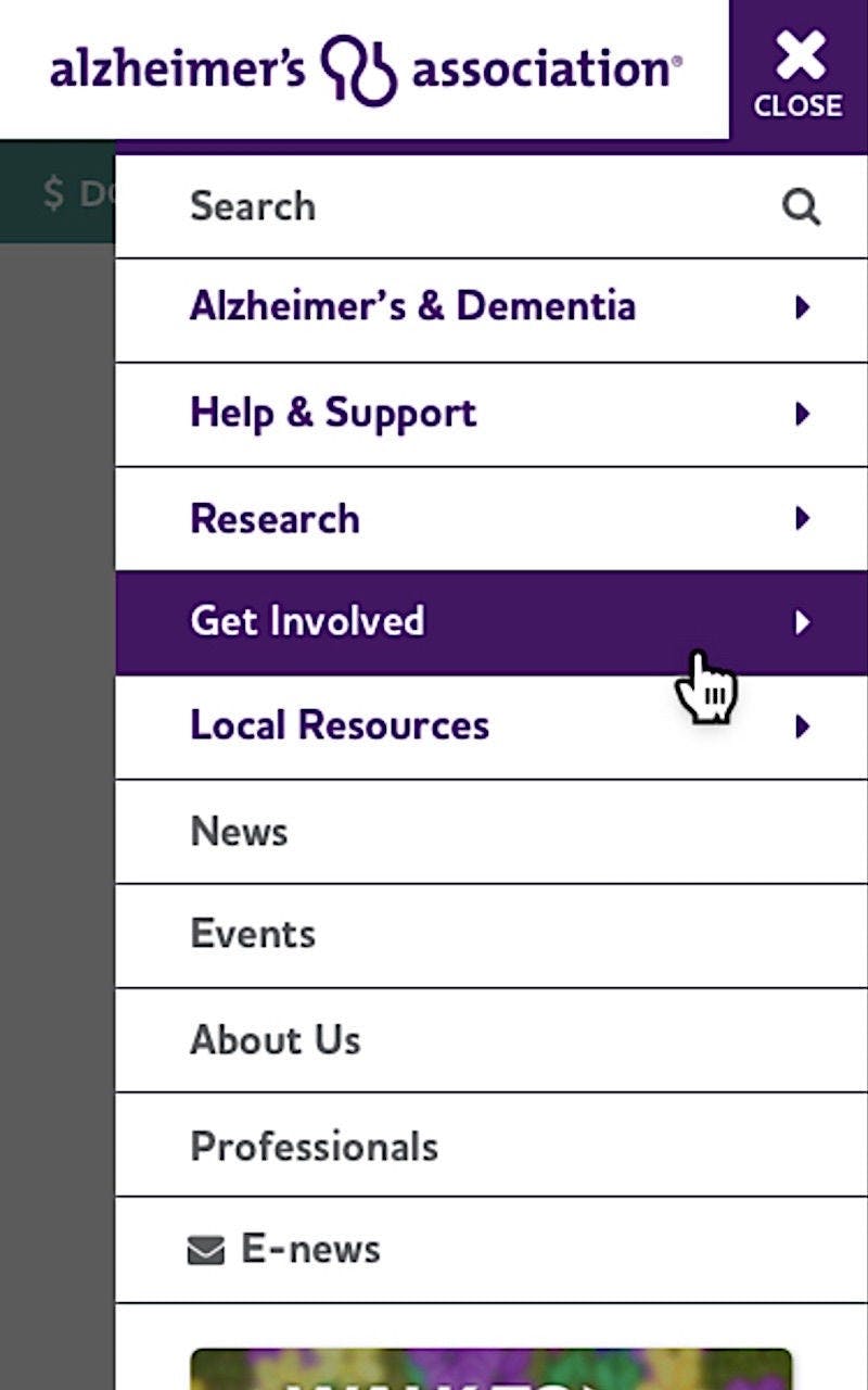 ALZ Mobile Navigation Example With Get Involved Highlighted 