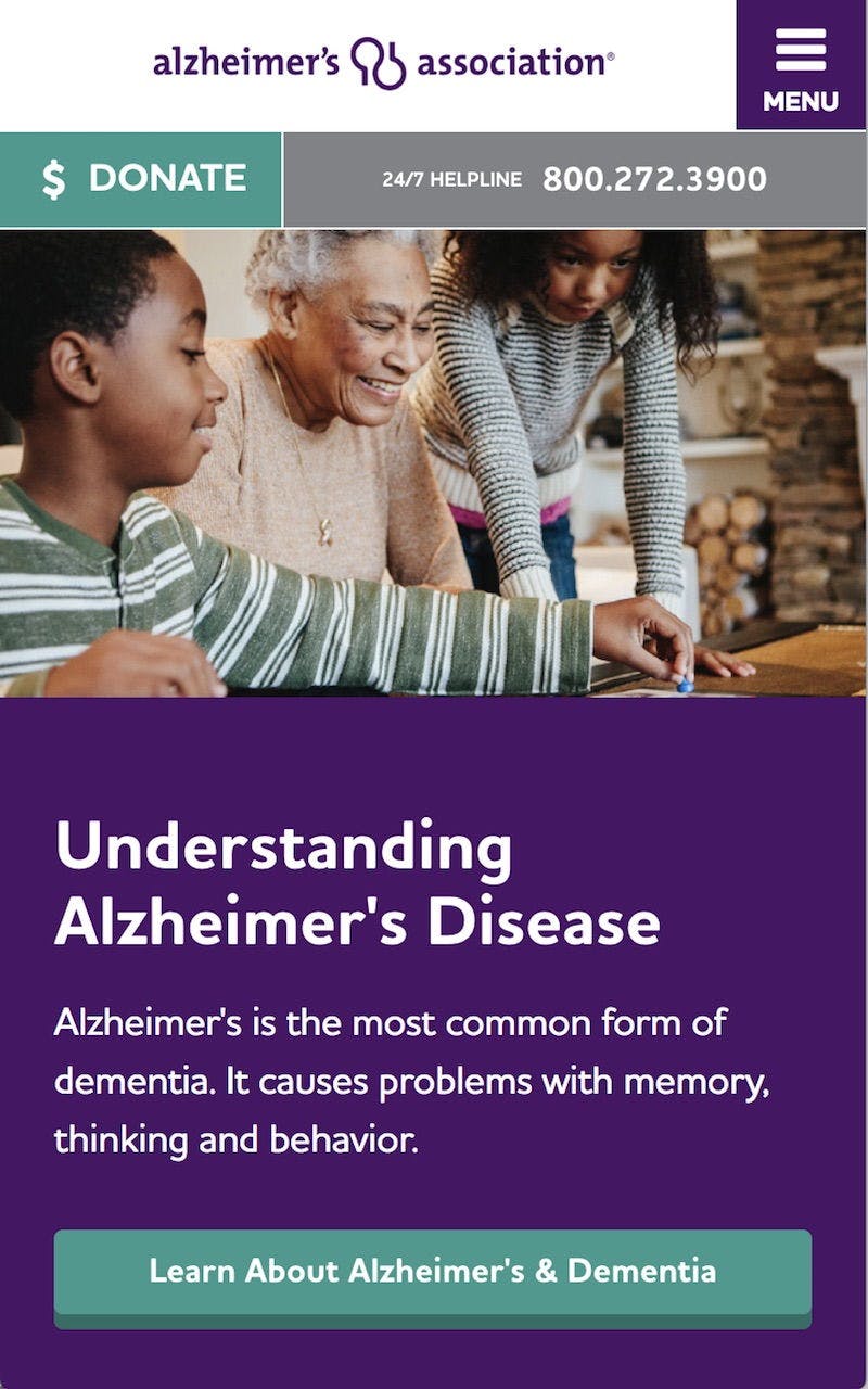 ALZ Mobile Homepage Screen With Banner Image of Young Children With Grandmother 