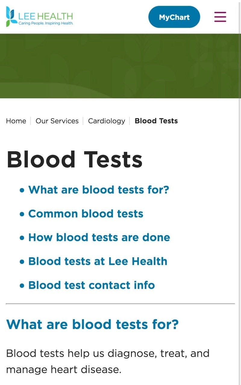 Lee Health Mobile View of Blood Tests Webpage 