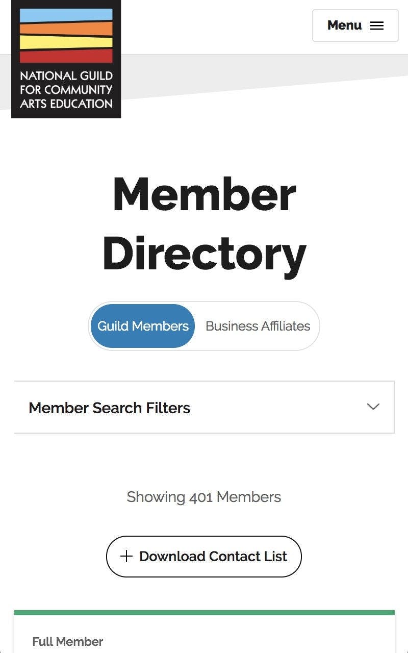 National Guild Mobile Member Directory Page Example