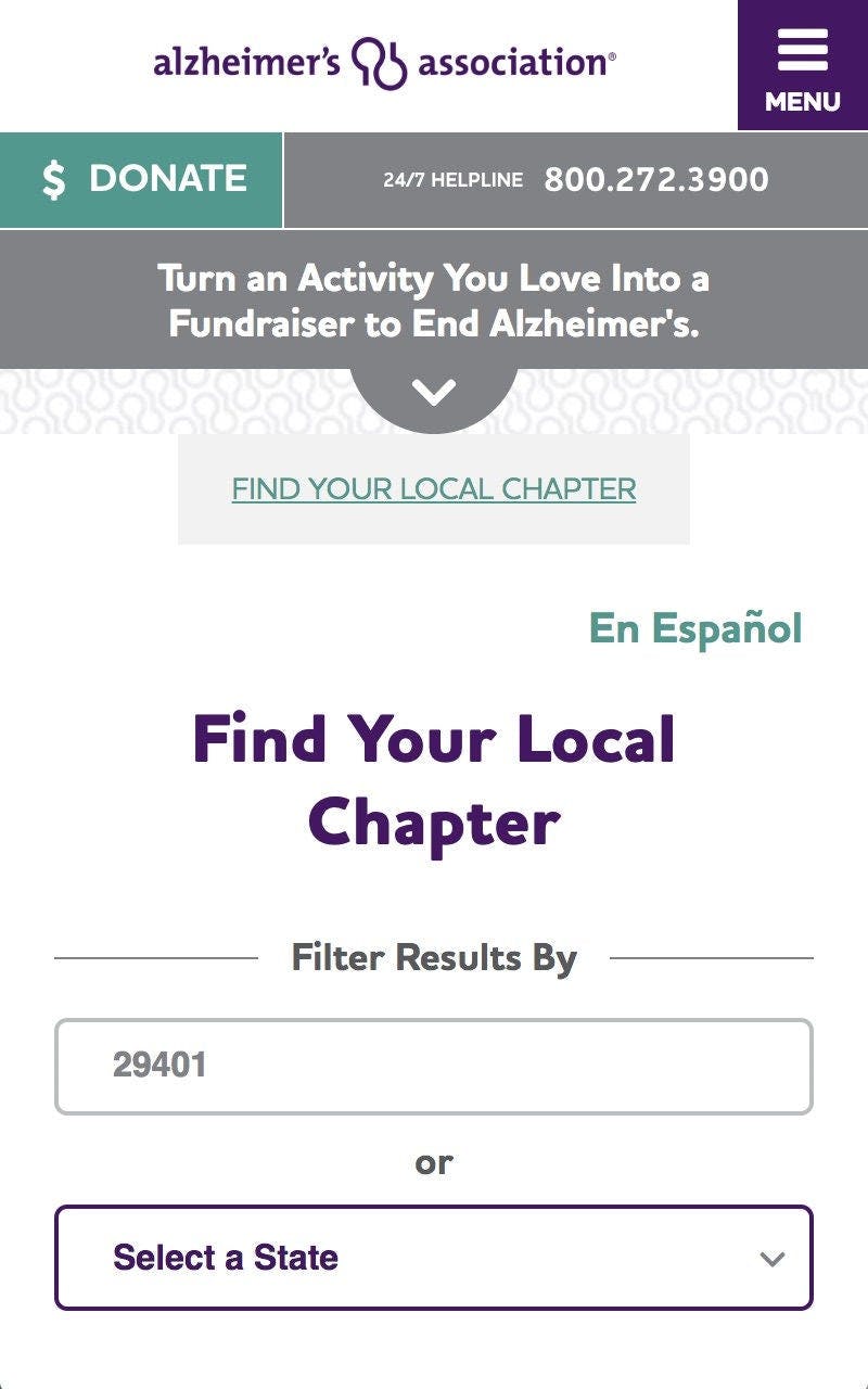 ALZ Mobile Find Your Local Chapter Example Screen