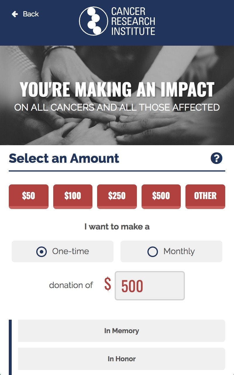 Cancer Research Institute Mobile Donation Page With Varying Monetary Amounts 