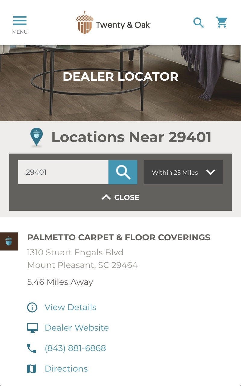 Twenty & Oak Mobile Dealer Locator Page 
