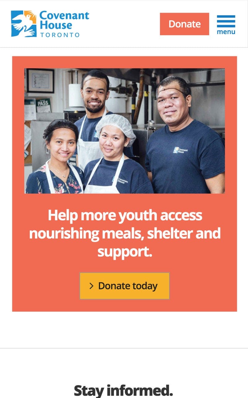 Covenant House Toronto Donate Today CTA and Image Of Cafeteria Employees   