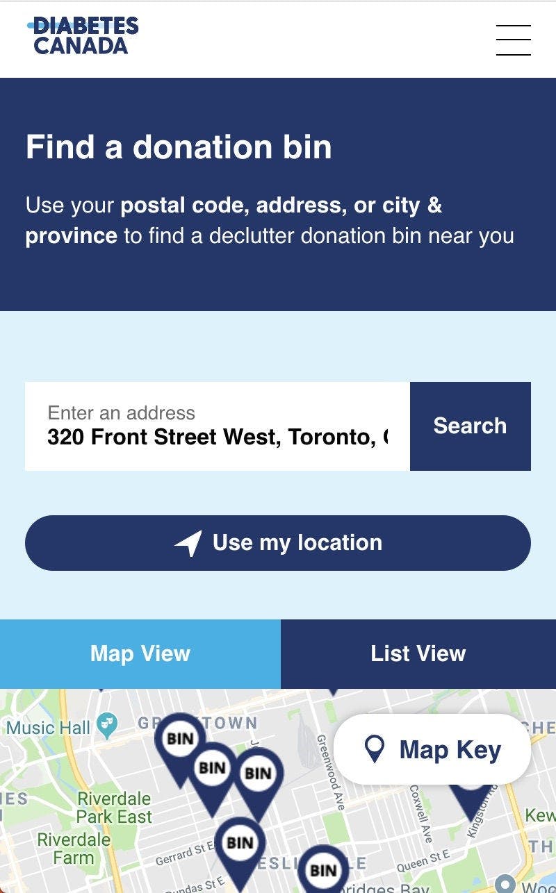 A screenshot of Diabetes Canada's mobile donation interface, including a map and location.